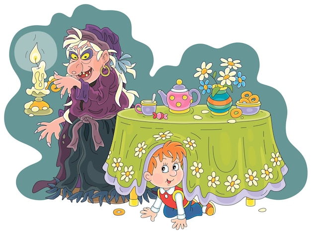 Angry witch and a little boy under a kitchen table playing hide-and-seek on a dark Halloween night