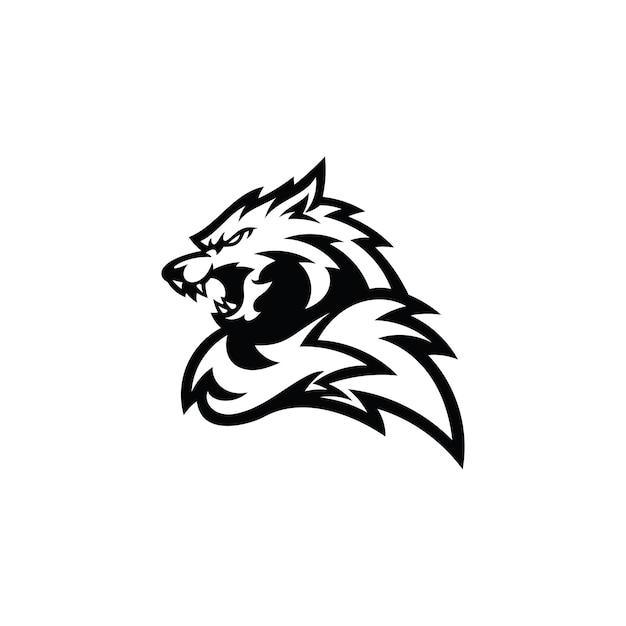 Angry wolf or fox head tail outline silhouette illustration logo icon in black and white color