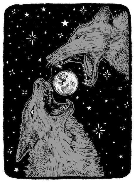 Angry wolves and moon. Hand drawn vector illustration in monochrome colors. Abstract retro graphic drawing isolated on white. Single element for design, decor.