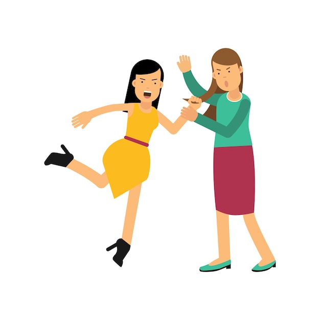 Angry woman in yellow dress attacking young girl and drags her by hair. People arguing and yelling. Female characters in fighting pose. Aggressive and violent behavior. Flat vector isolated on white.