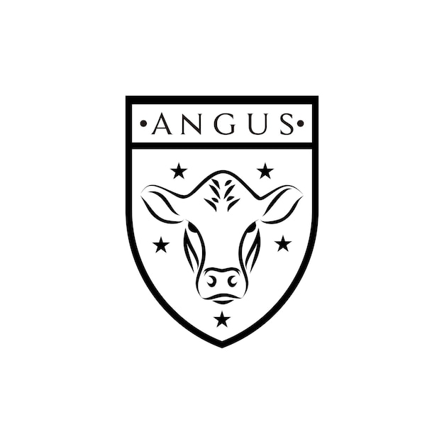 Angus cattle cow animal and shield logo badge design vector illustration