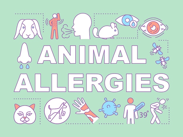 Animal allergies word concepts banner. Allergic reaction to insect stings, pets fur, saliva, dander. Presentation, website. Isolated lettering typography idea with icons. Vector outline illustration