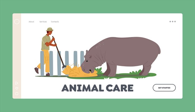 Vector animal care landing page template zoo worker male character feeding hippopotamus with hay zookeeper caring of animal