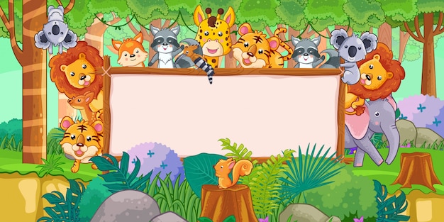 Animal cartoon collection with blank board and tropical forest 