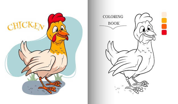 Animal character funny chicken in cartoon style coloring book page.