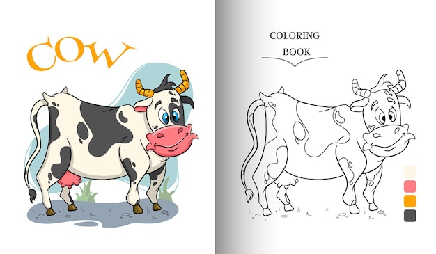 Animal character funny cow in cartoon style coloring book page. Children's illustration. Vector illustration.