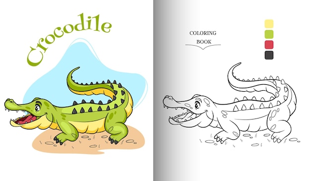 Animal character funny crocodile in cartoon style coloring book page. Children's illustration. Vector illustration.