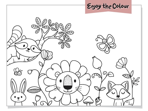 animal coloring sheet lion rabbit raccoon butterfly and fox