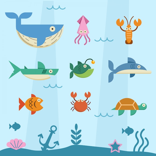 Animal in deep sea flat character set.