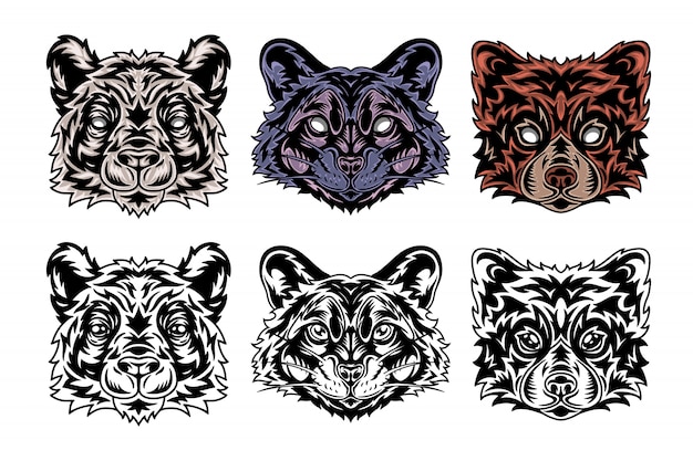 Animal face Panda, Raccoon, Red panda. Vintage retro style.