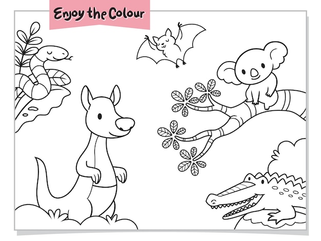 animal farm coloring sheet with kangaroo koala snake bat