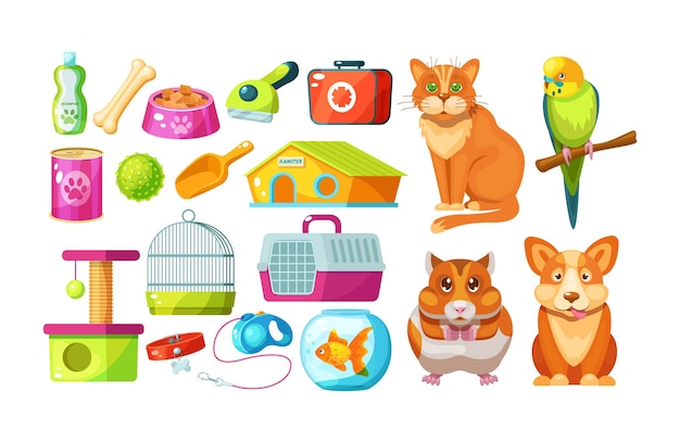 Vector animal food, accessories and toys domestic store ,pet shop supplies with parrot, hamster, cat, dog