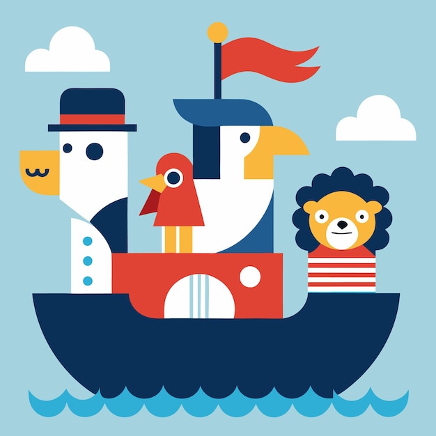 Vector animal friends sailing on a boat in the ocean