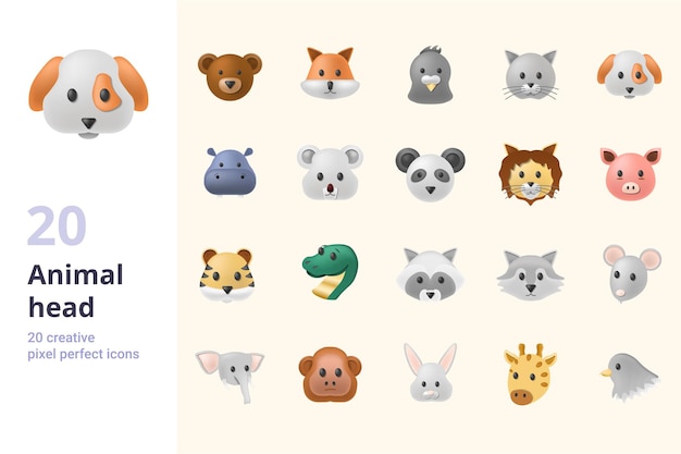 Animal head set creative icons bear fox seal cat dog