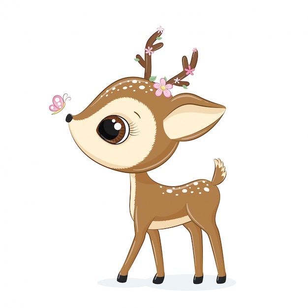 Animal illustration cute little deer with flowers and butterfly.