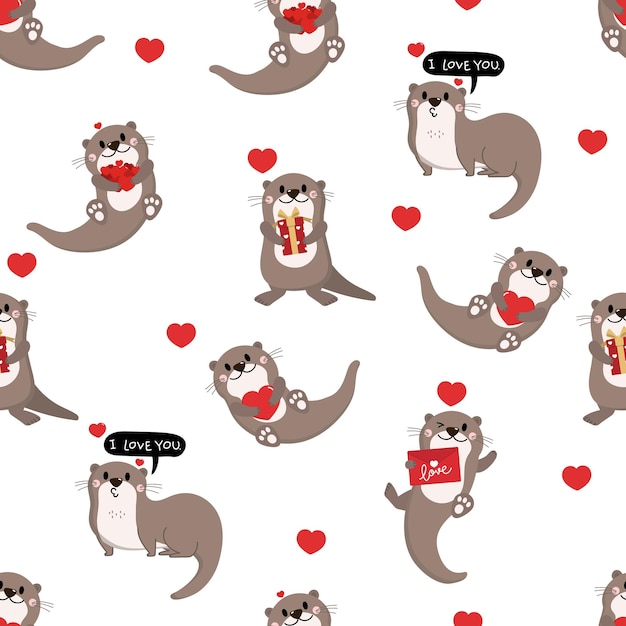 Animal in love holidays cartoon character seamless pattern