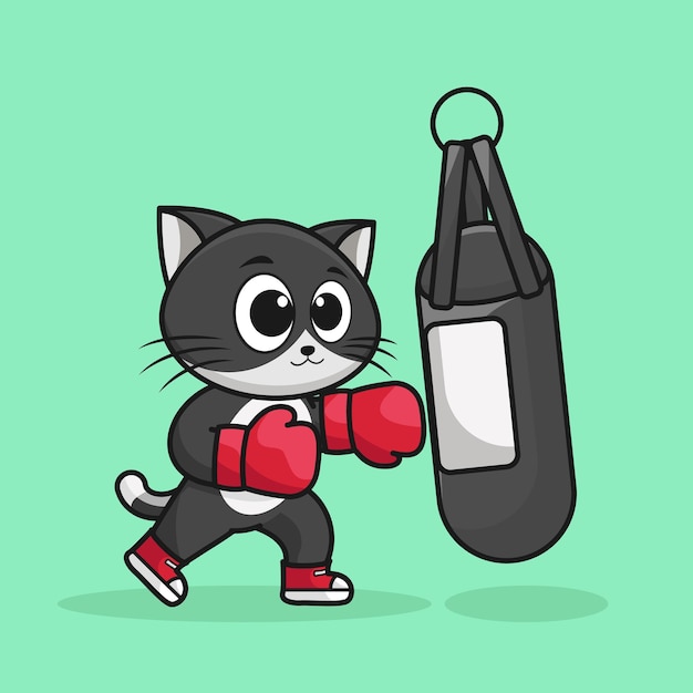 Vector animal mascot adorable cat boxer wearing boxing gloves hitting the punching bag