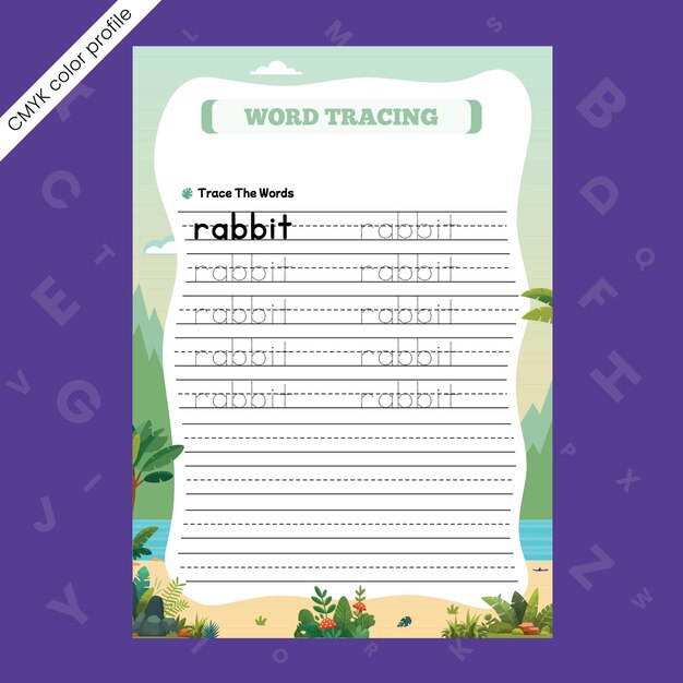 Vector animal name tracing worksheet for kids rabbit