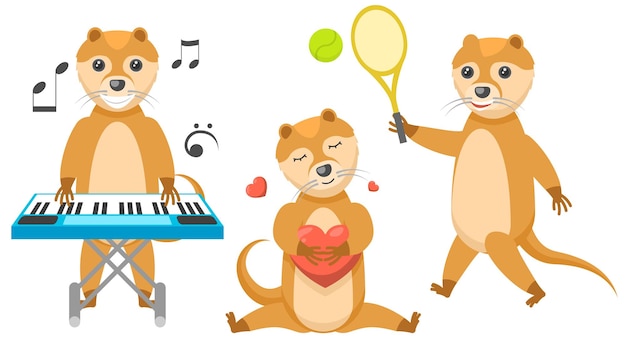 Animal Otters Plays The Synthesizer, Hugs The Heart, Plays Badminton Vector