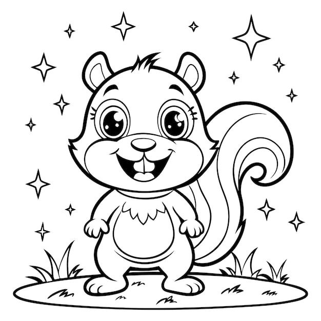 Animal outline drawing a cartoon of a squirrel with a big smile on his face coloring page for kids