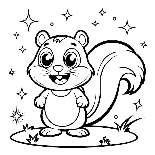 Vector animal outline drawing a cartoon of a squirrel with a big smile on his face coloring page for kids