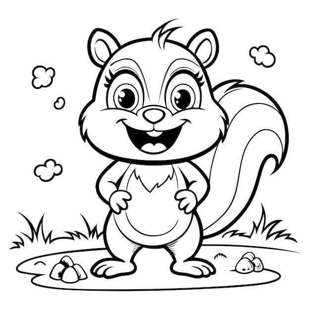 Animal outline drawing a cartoon of a squirrel with a big smile on his face coloring page for kids