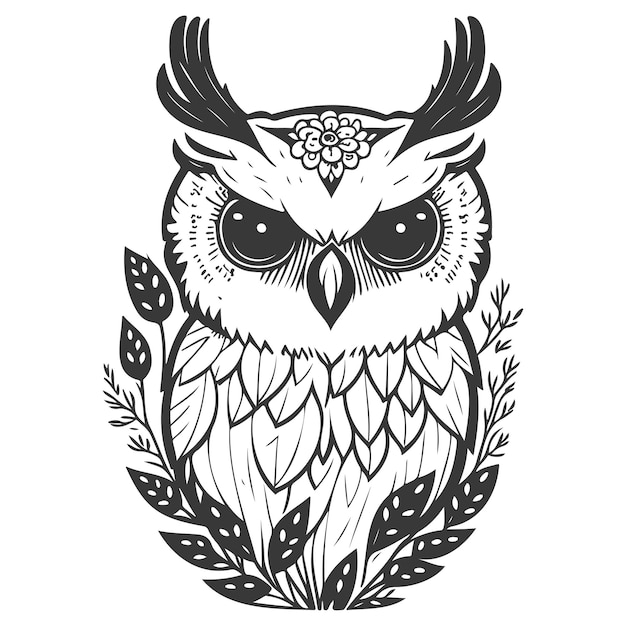 Vector animal owl brave with floral spring illustration grey