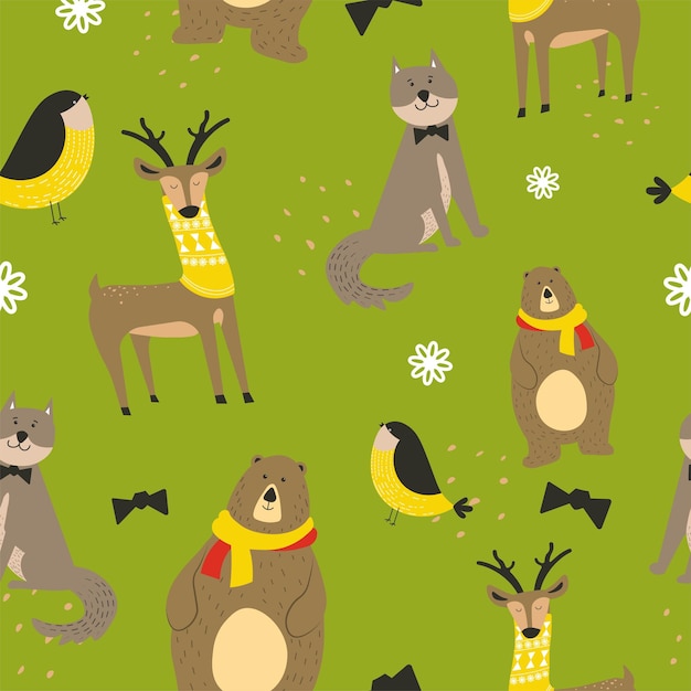 Animal pattern deer and wolf bullfinch bird