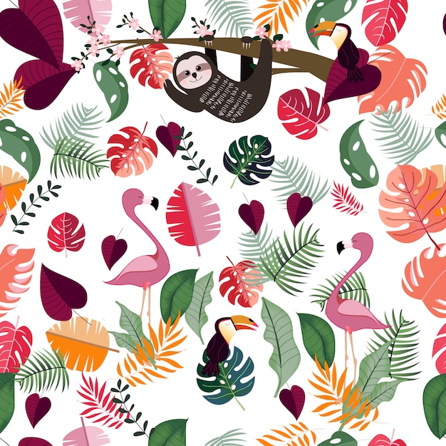 Animal in pink tropical jungle seamless pattern