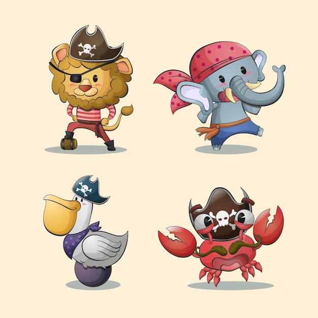 Animal pirates cartoon characters collection illustration