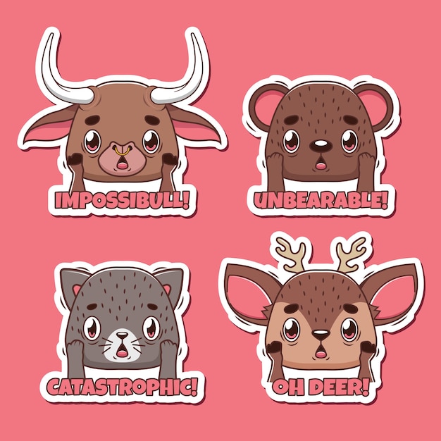 Animal pun sticker set with funny shocked animals