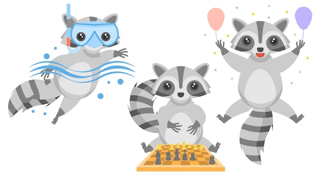 Animal Raccons Swimming With Goggles, Plays Chess, Celebrating Birthday With Balloons Vector