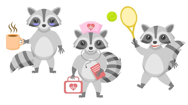 Vector animal raccons tired with a cup of coffee, doctor with first aid kit, plays badminton vector