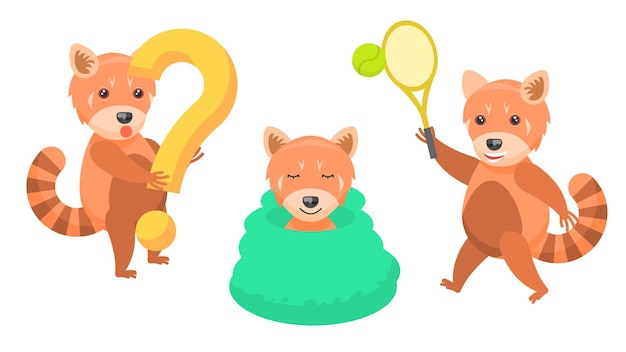 Animal Red Pandas Holding A Question Mark, Sleeping Wrapped In Blanket, Plays Badminton Vector