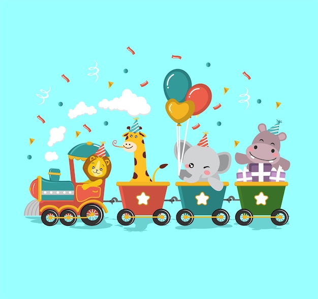 animal safari birthday train kids children illustration