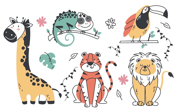 Animal safari jungle cartoon cute line style characters isolated set collection graphic design