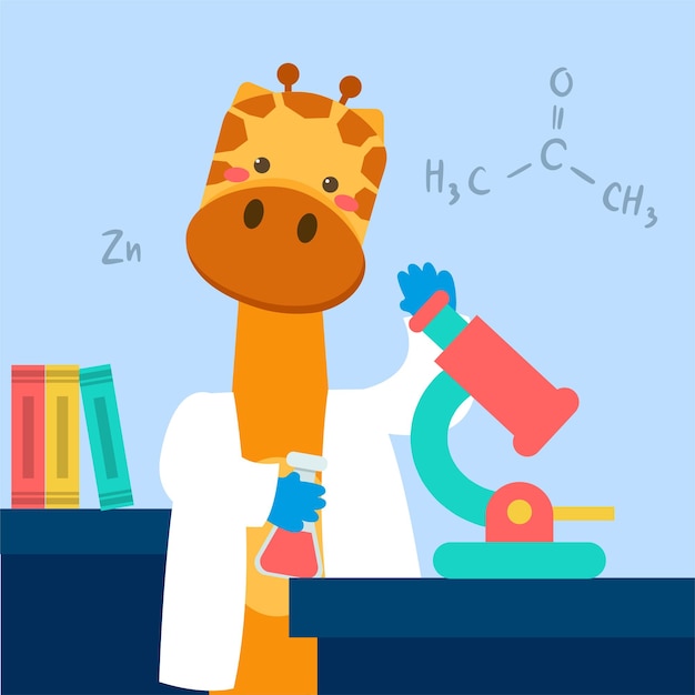 The Animal scientist wearing white coat in laboratory with test tube DNA sign and science equipment in cartoon character for graphic designer Vector illustration