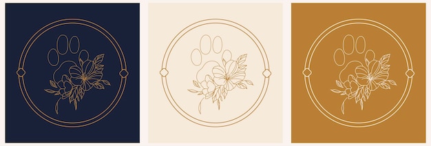 Animal set love concept paw print in flowers Minimalistic linear drawing logo icon For veterinary shops decorations for animals