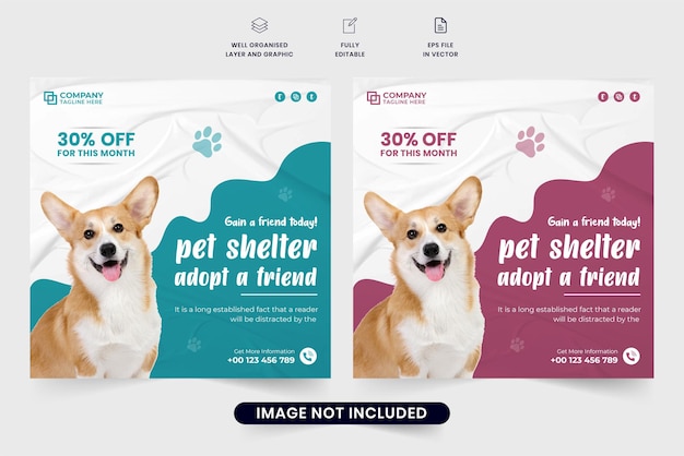 Animal shelter and adoption social media post vector with dark magenta and ocean blue colors Pet shop and grooming web banner template for marketing Pet adoption poster design with abstract shapes