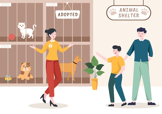 Animal Shelter Cartoon Illustration with Pets in Cages and Volunteers Feeding Animals for Adopting