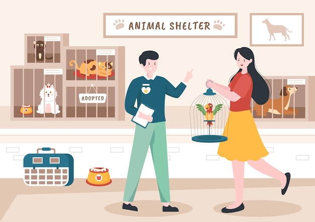 Animal Shelter Cartoon Illustration with Pets in Cages and Volunteers Feeding Animals for Adopting