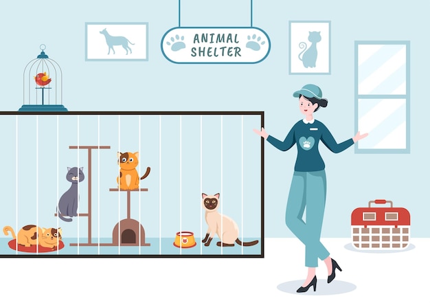 Vector animal shelter cartoon illustration with pets in cages and volunteers feeding animals for adopting