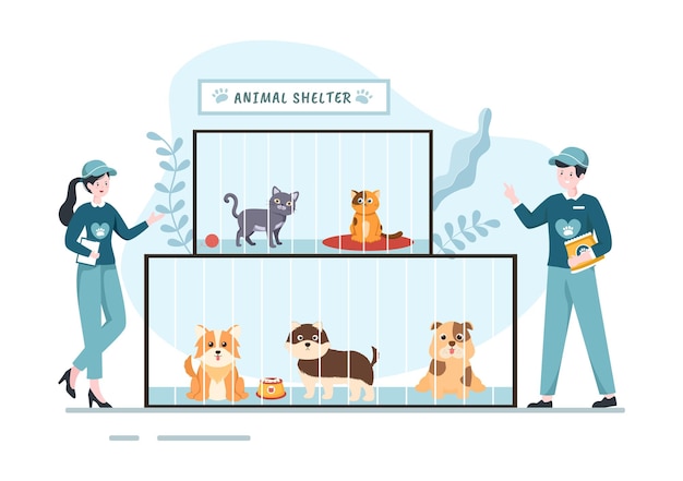 Animal Shelter Cartoon Illustration with Pets in Cages and Volunteers Feeding Animals for Adopting