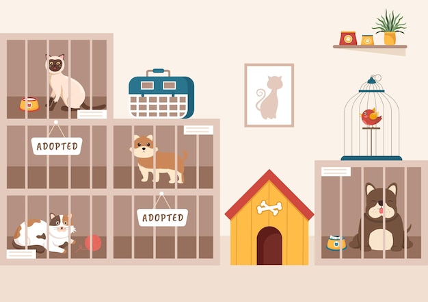 Animal Shelter Cartoon Illustration with Pets in Cages and Volunteers Feeding Animals for Adopting