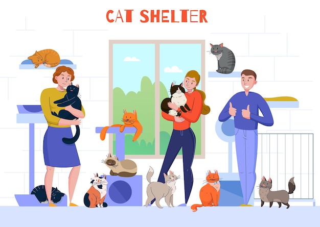 Animal shelter cats composition with indoor view of people characters holding cats in arms with text  illustration