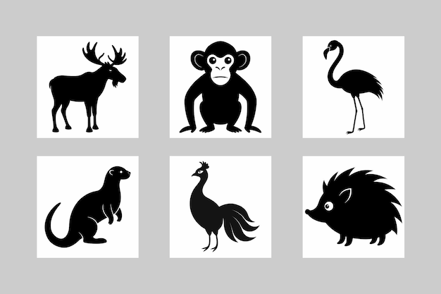 Vector animal silhouette and color vector set