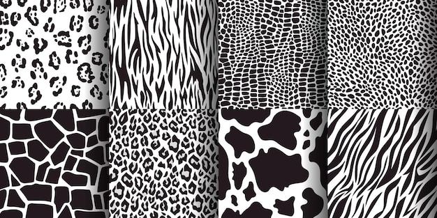 Animal skin seamless pattern giraffe leopard tiger cow prints Wildlife animals print texture zebra cheetah skins patterns vector set