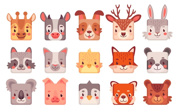 Animal square face Cartoon cute animals muzzles mobile ui game avatar comic child character kawaii head panda dog cat rabbit sticker icon collection ingenious vector illustration