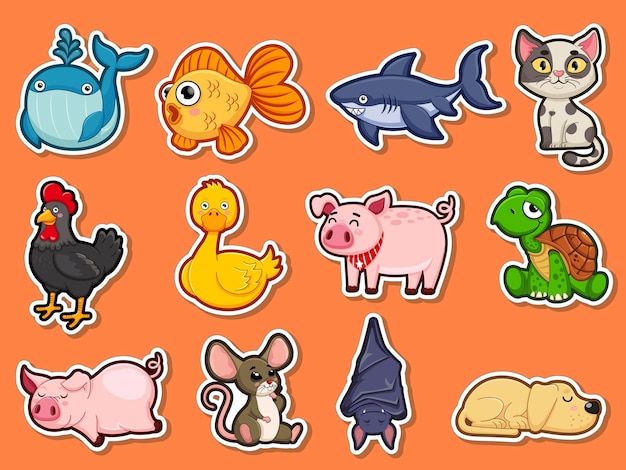 Animal stickers for kids. Collection cute Animal cartoon flat style. Vector illustration design template. Farm animals, wild animals, water animal