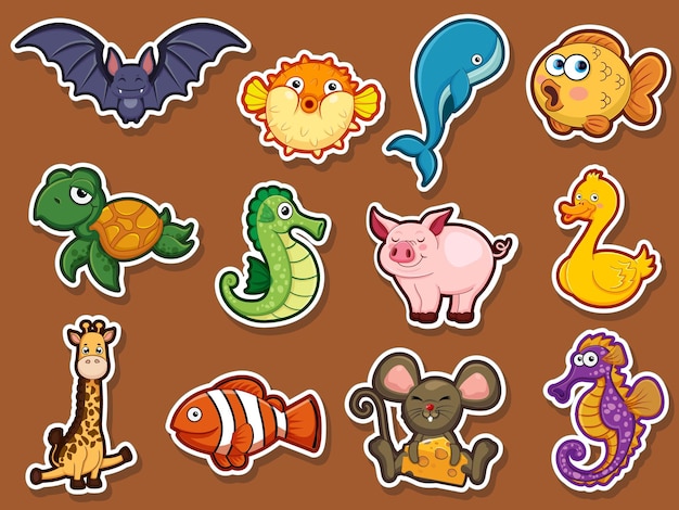 Animal stickers for kids. Collection cute Animal cartoon flat style. Vector illustration design template. Farm animals, wild animals, water animal